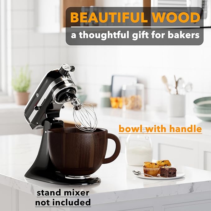 SpaceAid Wooden Bowl with Handle, Kitchen Space Aid Acacia Wood Mixing Bowls Holder for Stand Mixer, Compatible with 4.5 & 5 QT Tilt-Head Models Kitchen, Dark Wood