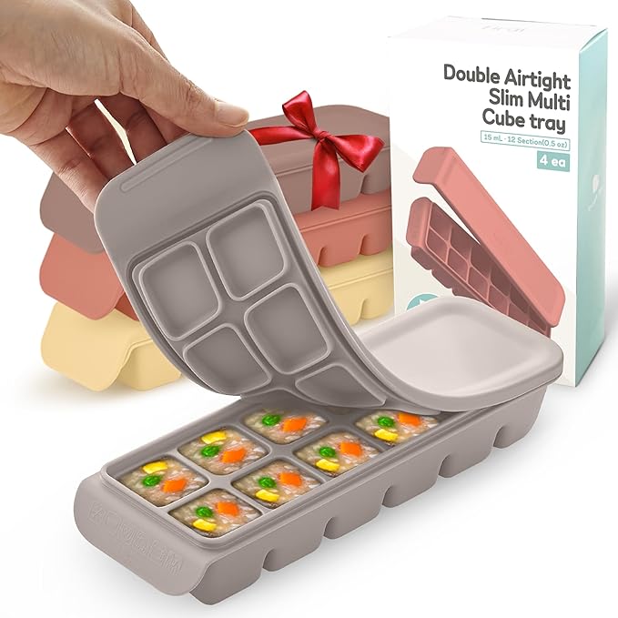 Silicone Ice Cube Freezer Tray with Lid, 100% Food-Grade Platinum Silicone,Leak Resistance & Dishwasher Safe for Baby Food Prep,Breast Milk,Purees - Korean Made (4 Sets 0.7 oz/12 Sections)