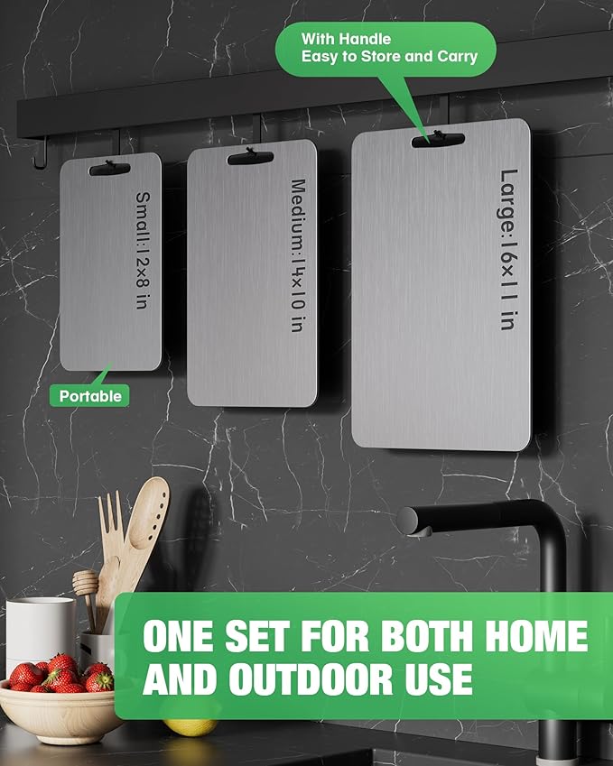 100% Pure Titanium Cutting Boards for Kitchen - Set of 3 Titanium Cutting Board Non Toxic | Double-Sided Metal Cutting Board for Meat, Vegetables and Fruits | Dishwasher Safe (S/M/L)