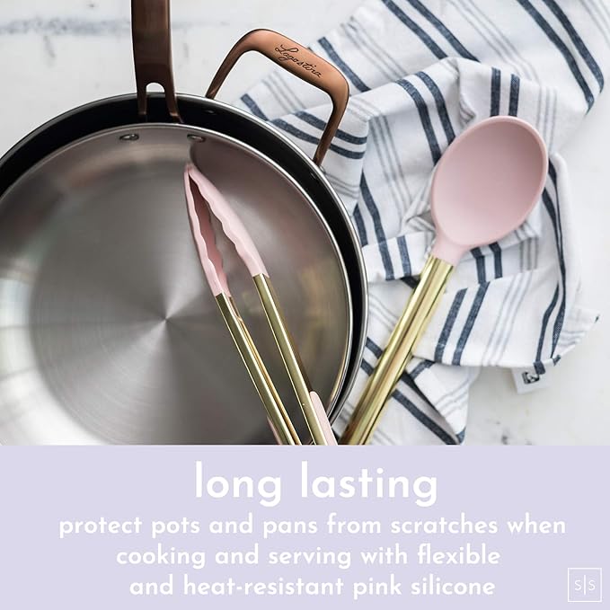 Gold and Pink Kitchen Utensil Set with Holder - 7-Piece Cooking Tools with Gold Whisk, Ladle, Tongs, Turner, Spatula, and Spoon - Stylish Pink Kitchen Accessories for Modern Cooking & Serving