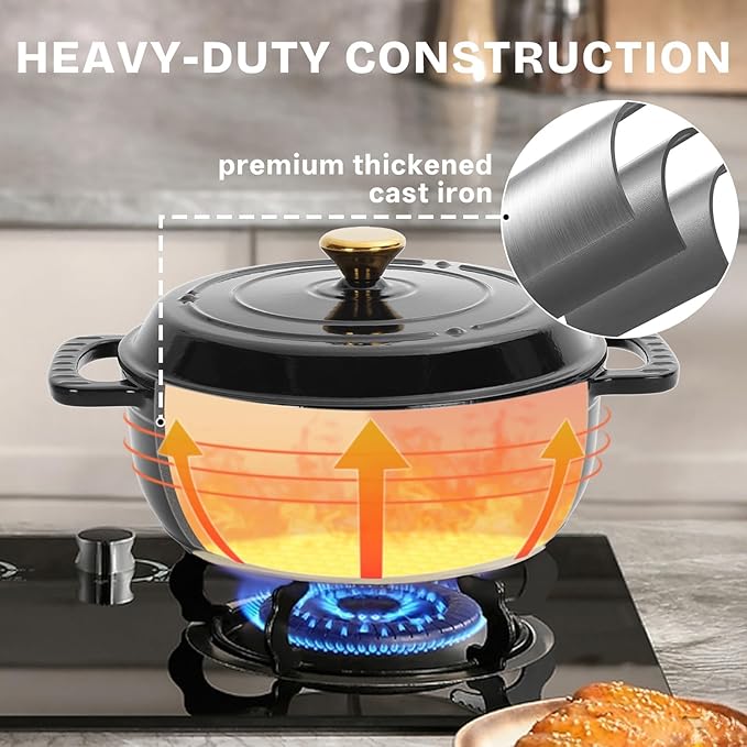 Bonnlo Round Dutch Oven, Enameled Cast Iron Dutch Oven Pot with Lid & Dual Handles, Oven Safe Up to 500° F, for Sourdough, Bread Baking, Stews and Roasting (Black, 5 Quart)