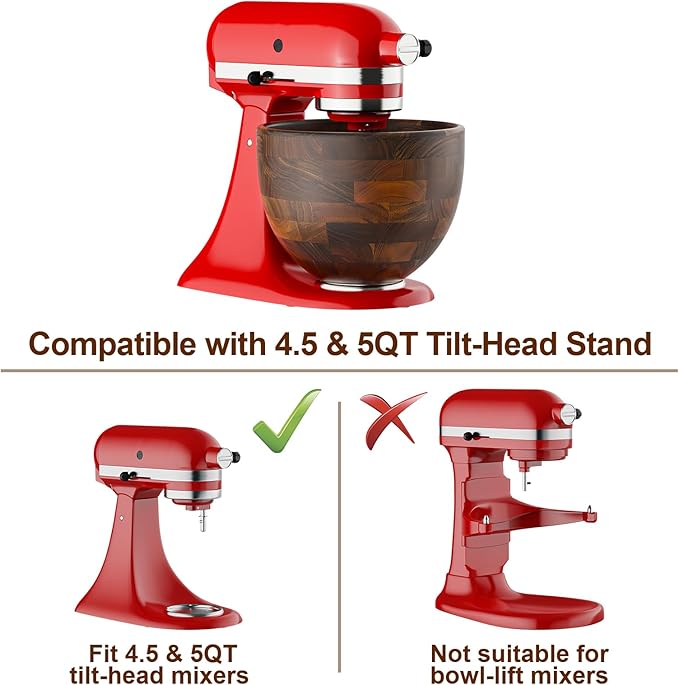 Cofun Premium Wood Mixing Bowl, Compatible with 4.5-5 Qt Tilt-Head Stand Mixers, Natural True Wooden Bowls, 5 Qt Kitchen Aid Bowls for Mixer with Stainless Steel Locking Base