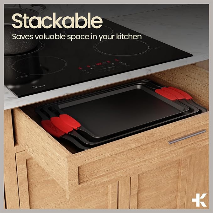 Baking Set – 8 Piece Kitchen Oven Bakeware Set – Deluxe Non-Stick Black Coating Inside and Outside – Carbon Steel – Red Silicone Handles – PFOA PFOS and PTFE Free by Bakken