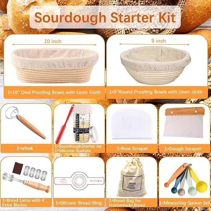 Sourdough Starter Kit with Proofing Baskets - 24oz Glass Jar, 9" Round & 10" Oval Banneton Set, Dough Whisk, Scraper & Baking Tools for Artisan Bread Making (Includes Temperature Guide)