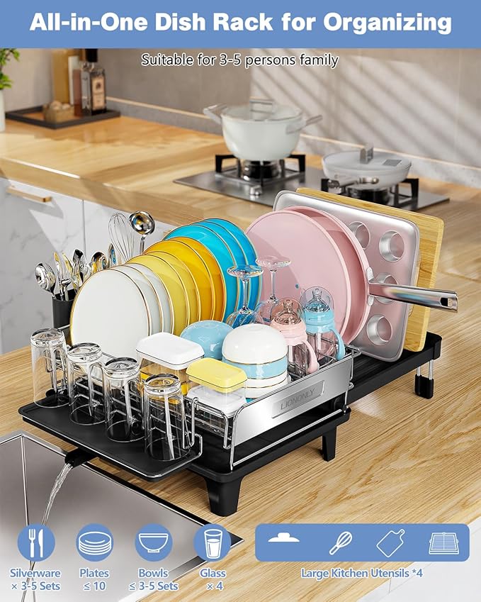 Expandable Dish Drying Rack, Dish Racks for Kitchen Counter, Stainless Steel 304, Flip-Top Retractable Plate, Multi-Directional Adjustable Dish Rack, Space Saving Large Drying Rack Kitchen, Black