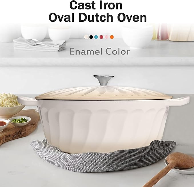Enameled Oval Dutch Oven Pot with Lid, 7 QT Cast Iron Dutch Oven with Dual Handles for Cooking, Bread Baking, Frying, Non-stick Enamel Coated Oven (Caramel White)
