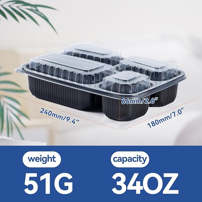 To Go Containers 34 oz 40 Pack - Shrink Wrap 4 Compartment BPA Free PP Plastic Reusable Leakproof | Microwave & Freezer & dishwasher Safe Meal Prep | Black Commercial Catering Food Container