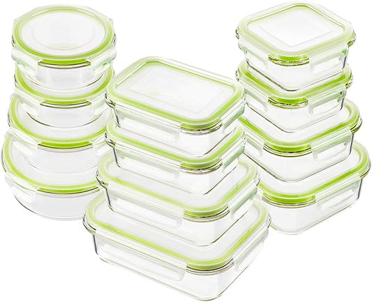 Bayco Glass Food Storage Containers with Lids, [24 Piece] Glass Meal Prep Containers, Airtight Bento Boxes, Leak Proof (12 lids & 12 Containers) - Green