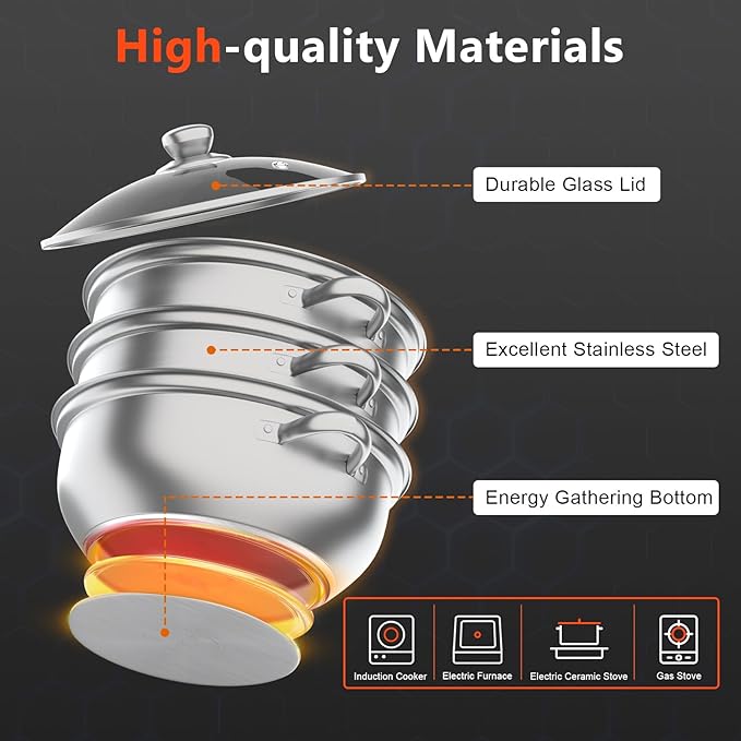 3-Tier Steam Pot, 12.8in Stainless Steel Steamer, Steamer Cookware with Lid, Food Steam Pots with Handles for Vegetables, Seafood, Dumpling