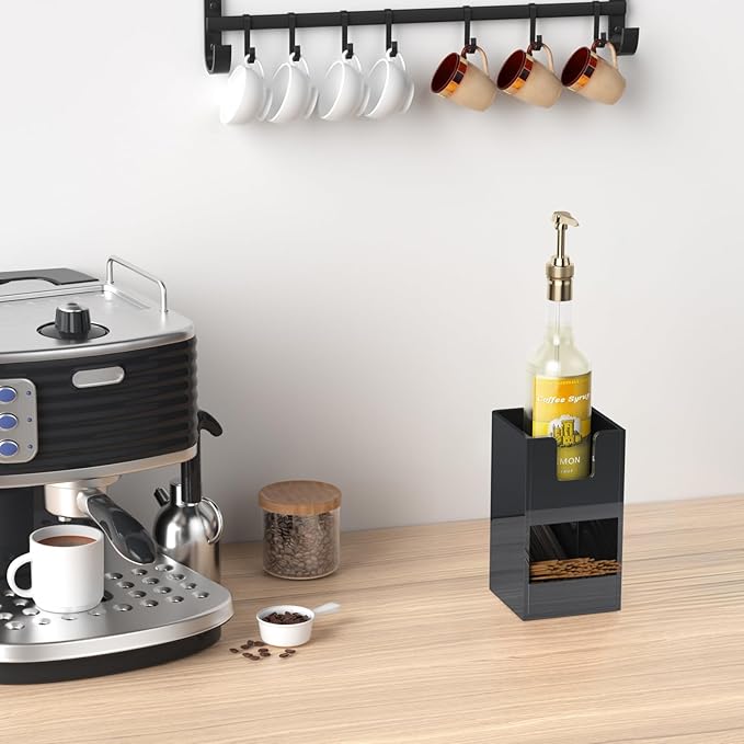 Coffee Condiment and Cup Organizer - 2-Tier Upright Cup and Lid Holder with Straw Organizer 2 Compartments Black Acrylic Cup Dispenser for Restaurant Breakroom Coffee Station Countertop