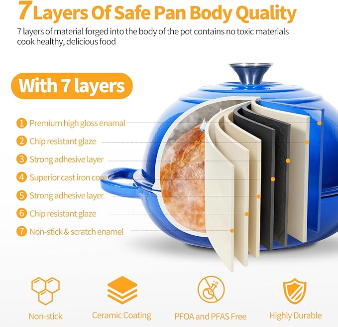 ONKO Dutch Oven For Sourdough Bread Baking, 6QT Enameled Cast Iron Dutch Oven Pot With Lid, Non-stick Sourdough Baking Pan with Bread Dome, Round Ceramic Dutch Ovens Pot with Cloche for Homemade