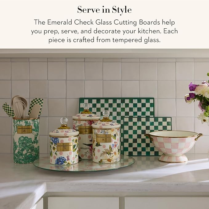 MACKENZIE-CHILDS Set of 2 Tempered Glass Cutting Boards, Countertop Cutting Boards, Green-and-White Emerald Check