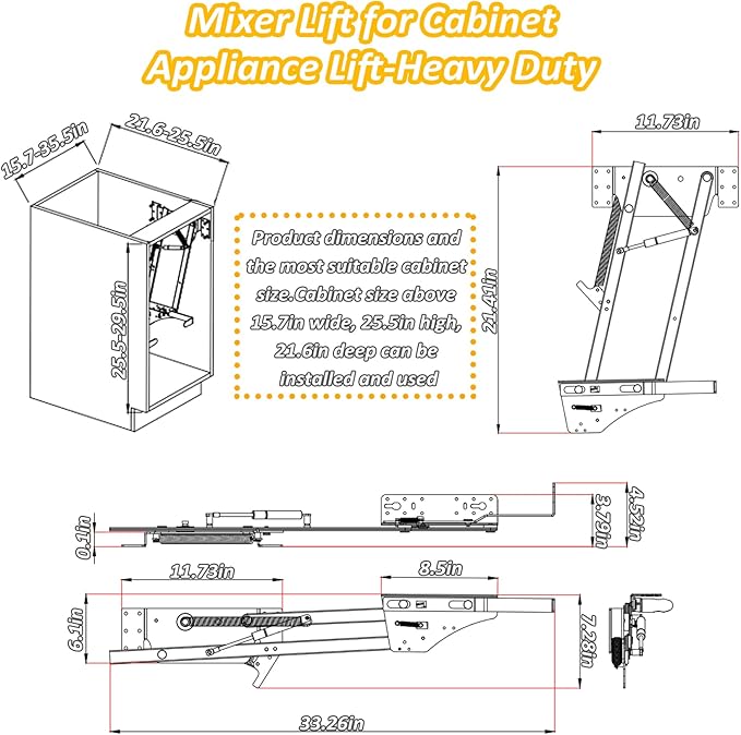 Mixer Lift for Cabinet Appliance Lift for Cabinet Without Soft-Close Spring Loaded for Cabinet Heavy-Duty for Kitchen Cabinet Appliance Lift with Locking Mechanism Mounting