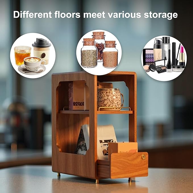 Coffee Station Organizer Wood Coffee Bar Organizer with Drawer Countertop 2 Tier Wood Shelf Storage Accessories for Home Kitchen