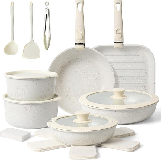 21 Pcs Pots and Pans Set Non Stick, Ceramic Cookware Set Detachable Handle, RV Kitchen Cooking Set Removable Handles, Oven Safe, Induction ReadyStackable Non-stick set Cream White