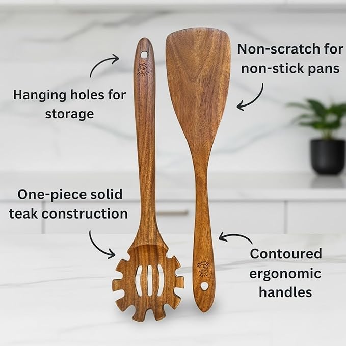Teak Wooden Utensil Set (9-Piece) – Teak Cooking Utensils for Nonstick Cookware, Teak Wooden Spoons for Cooking & Spatula - Natural Wood Kitchen Utensils by Crafted Path