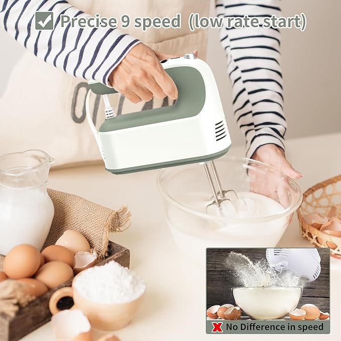 9-Speed Digital Hand Mixer Electric, 400W Powerful DC Motor, Hand Mixer Electric Handheld with Snap-On Storage Case, 5 Stainless Steel Accessories, Beaters, Dough Hooks, Whisk(Light Green)