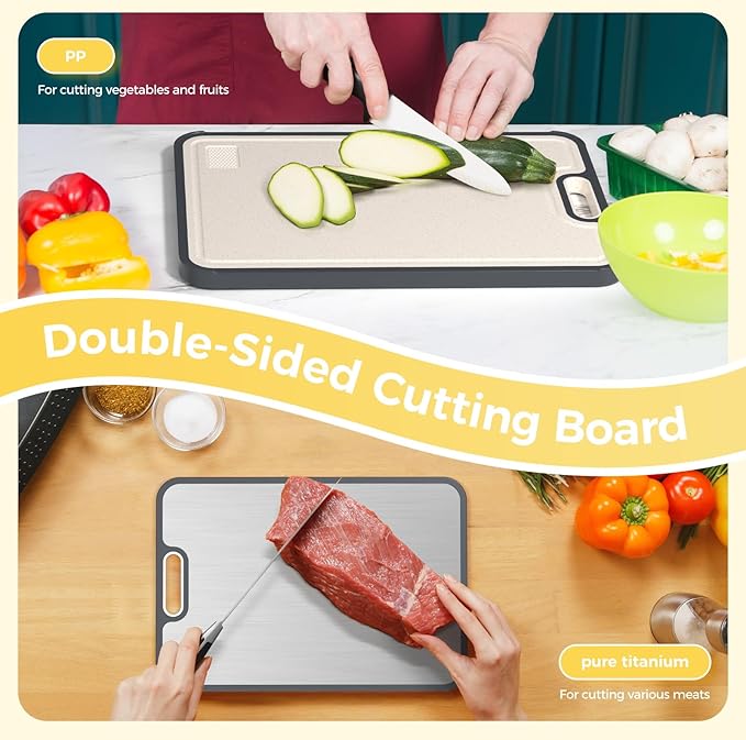 Titanium Cutting Board for Kitchen, Cutting Board Double Sided Food Grade, Pure Titanium/PP, Easy to Clean Large Size 16”×11”