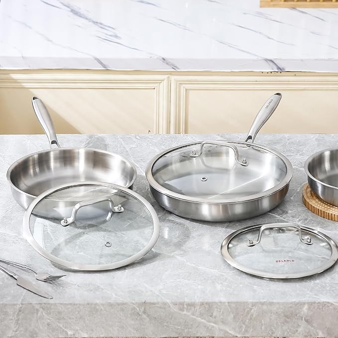 DELARLO Tri-ply Stainless Steel Frying Pan Set with Lid 8" 10" Induction large Skillets Chef's Pan,Pots and Pans Set Kitchen Cookware Set Suitable for All Stove