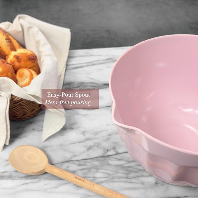 UPware Latte Style Melamine Batter Bowl with Pour Spout, Handle and Non-Slip Base, Grip Handle for Easy Mix and Pour, Home Essentials Cooking and Baking Tools, 4.3 quart, 11.5 x 8.75 Inch, Pink