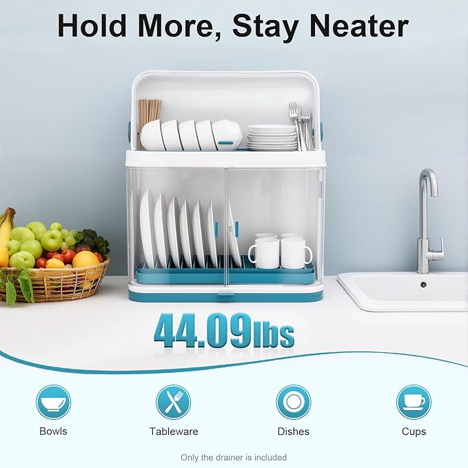 2 Tier Dish Drying Rack, Kitchen Organizer Storage Cup Holder W/Lid Cover, Organizer Storage Cup Holder, Kitchen DishRack Drain Bowl CupPlate Dish Drying Drainer
