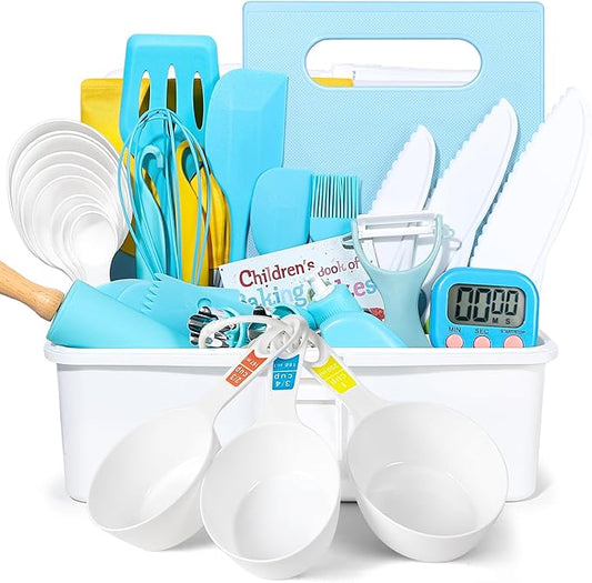 37PCS Kids Cooking Sets Real, Kids Cooking and Baking Gift Set with Storage Case Timer Kid Safe Knives Cutting Board, Toddler Real Kitchen Accessories, Birthday Gifts for Girls Boys Age 3 - 8