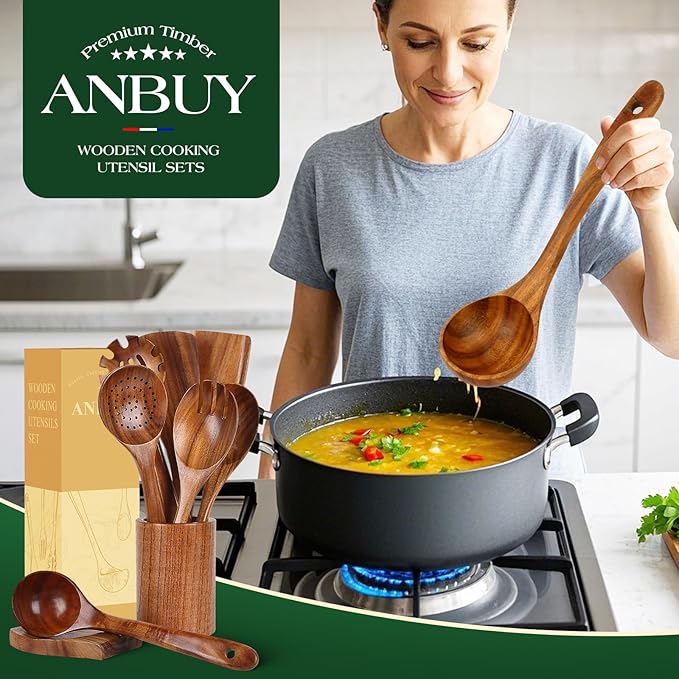 ANBUY Wooden Spoons for Cooking, Natural Teak Cooking Utensils Set, Wooden Kitchen Utensils Set with Holder & Spoon Rest, Wooden Cooking Utensils Set of 9