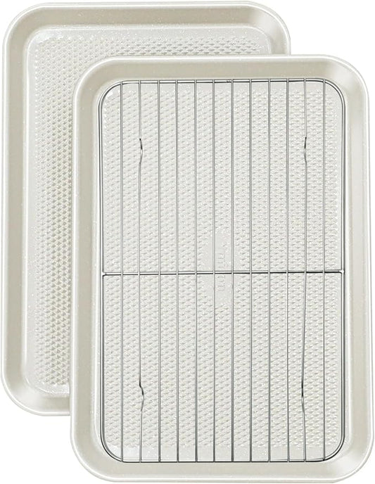 2-Pack 10x15 Jelly Roll Pan Baking Sheet Set with Wire Rack - Nonstick 0.8mm Thick Carbon Steel, Cookie Sheets for Baking, Dishwasher Safe, Warp Resistant, Oven Safe 450°F, Salted Gray