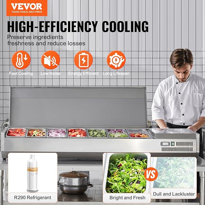 VEVOR Condiment Prep Rail Station, 160 W Countertop Refrigerated Condiment Station, with 5 1/3 4 1/6 Pans, 304 Body and PC Lid, Sandwich Prep Table with Stainless Guard, ETL, Silver