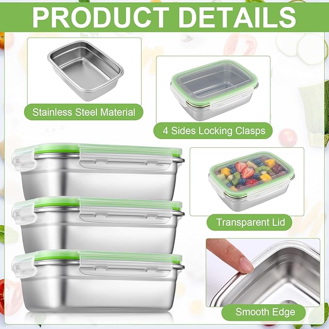 12 Pcs 304 Stainless Steel Food Storage Containers with Airtight Lids Metal Meal Prep Containers Bento Lunch Boxes, Freezer and Dishwasher Safe Keep Food Fresh for Kitchen, Picnic, Camping