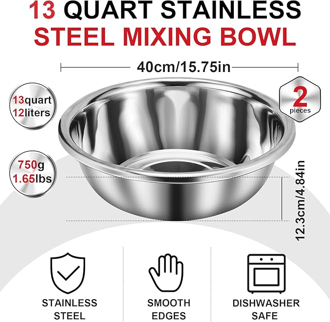 2 Pack Large Mixing Bowl 13 Qt Oversized All Purpose 304 Stainless Steel Polished Mirror Flat Base Metal Bowl for Home or Commercial Prepping Baking Mixing Marinating