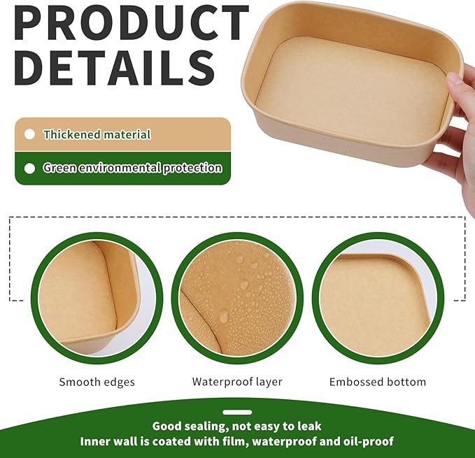 50 Pack 19 oz Paper Bowls, Disposable Food Containers with Lids, Rectangular Disposable Bowls, Disposable Salad Bowls with Lids for Diet Salad, Ice Cream, Yogurt, Party Food