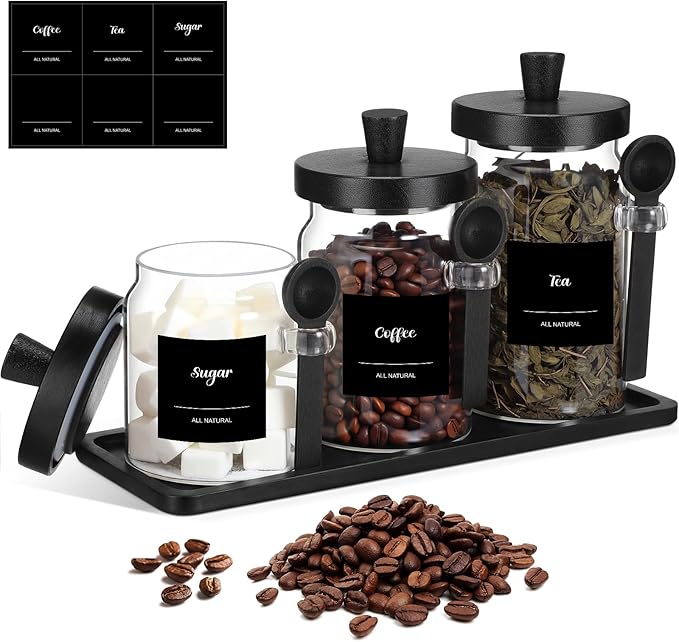 Suclain 3 Pcs Glass Coffee Container with Wooden Lid Spoon Shelf Labels Clear Airtight Jar Food Storage Canister Set for Sugar Spice Coffee Bean Holder Housewarming Gift (13.5,20,25 oz,Black Bamboo)
