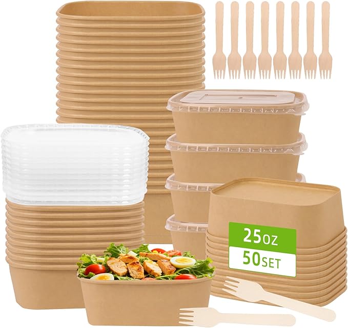 50 Pack 25 oz Paper Food Containers with Lids, Meal Prep Containers Disposable Large Paper Bowls, Microwavable and Freezer Storage Use Cardboard Food Containers