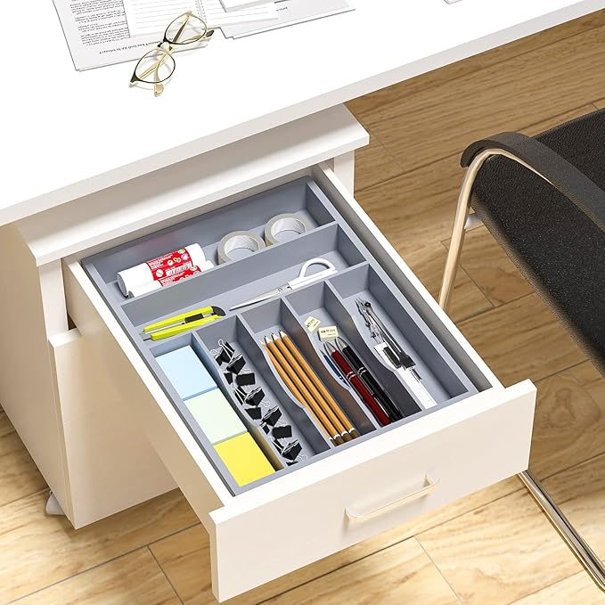 Utensil Organizer Silverware Drawer Organizer - 7 Slots Bamboo Utensil Tray Multifunctional Small Silverware Organizer for Kitchen Utensils, Garage Tools, Makeup Storage W13”x L17” (Grey)
