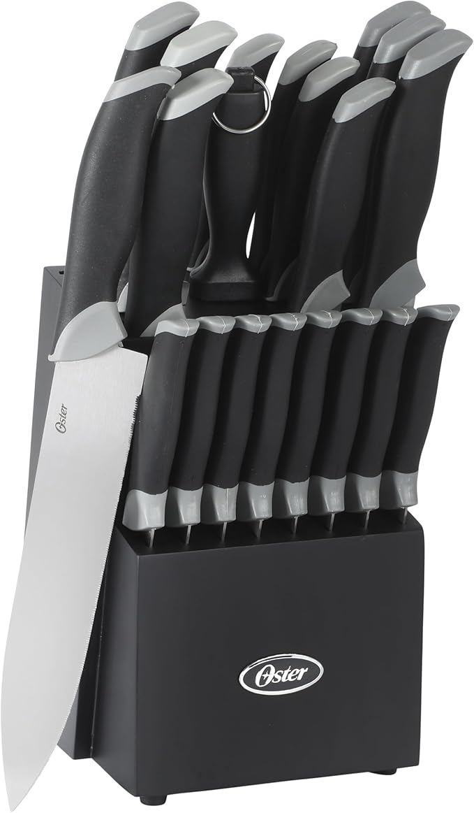Oster Lindbergh 22 Piece High Carbon Stainless Steel Cutlery Kitchen Knife Block Set w/Black Knife Block - Black Handle - Cuchillos Para Cocina