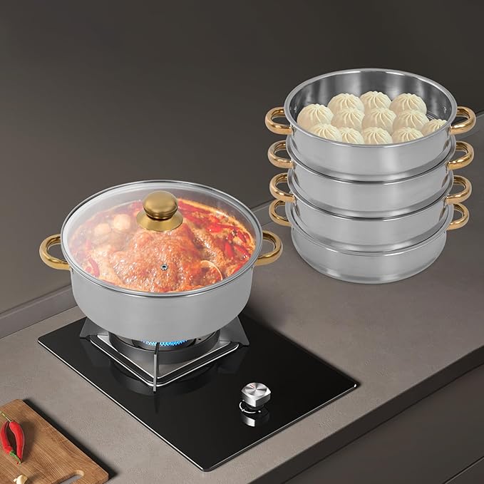 Stainless Steel Steamer Pots, Non-Stick Meat Vegetable Cooking Steam Pot Kitchen Steamer Cooker Dumpling Steamer Cookware Steaming Pots for Induction Cookers, Electric Ceramic Stoves (5-Tier, 28cm)