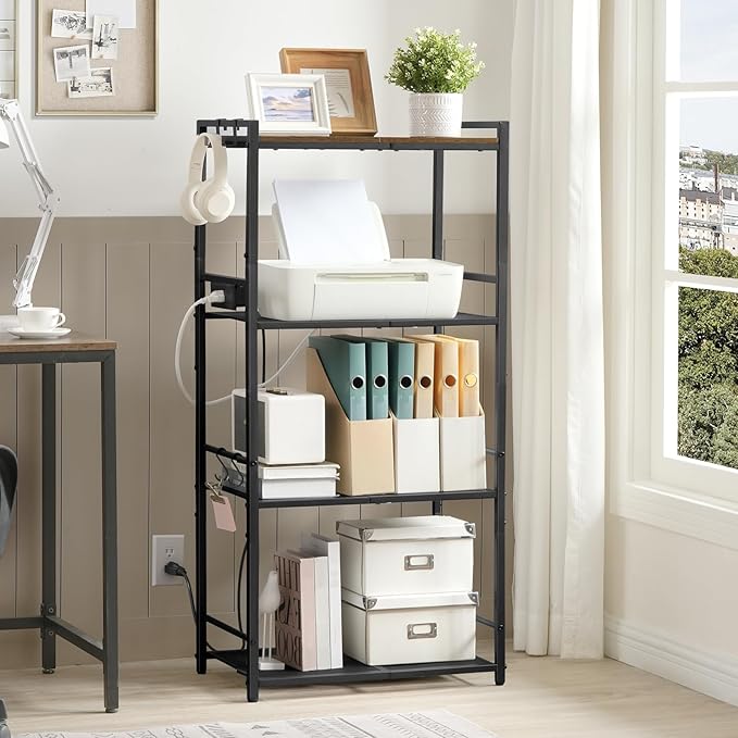 Bakers Rack with Power Outlet, Microwave Stand with Hooks, Multifunctional Storage Rack, Coffee Bar with Enclosure, Kitchen Storage Shelf, for Kitchen, Dining Room, Rustic Brown BRHR40E01N1