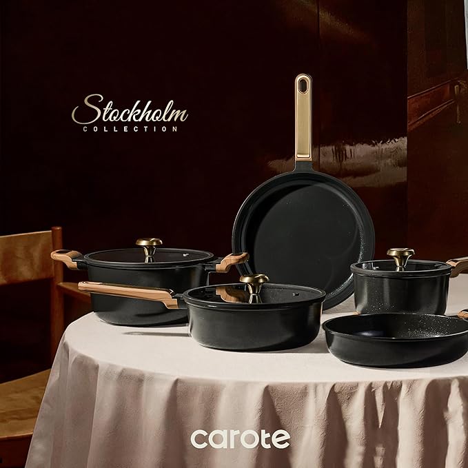 CAROTE Ceramic Cookware Set Nonstick, 14pcs Pots and Pans Set Nonstick, Non-Toxic & PFAS-Free, Dishwasher, RV/Camping Cookware Set, Cooking Pots with Lids, Charcoal Black