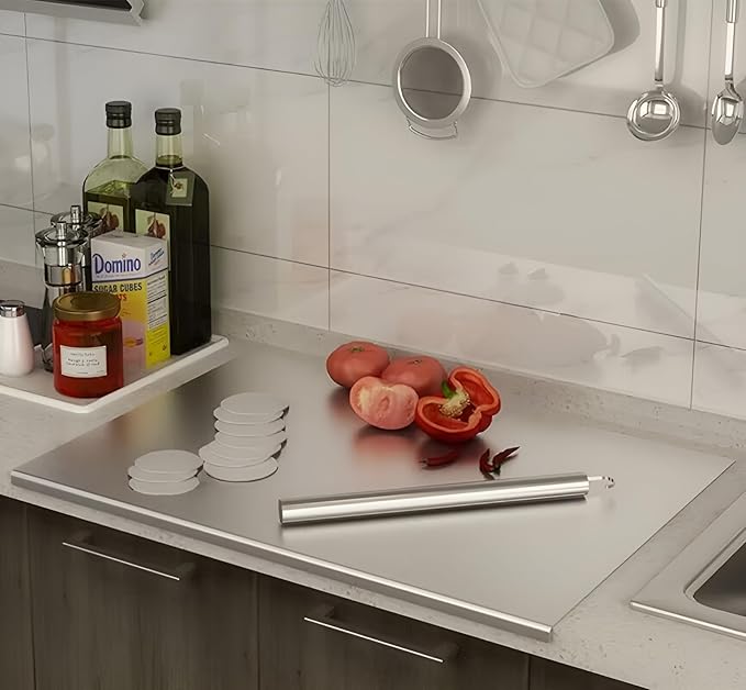 Stainless Steel Cutting Boards for Kitchen, Lipped stainless steel cutting board. Large cutting board suitable for meat, fruits, vegetables, bread, and baking (60 x 58cm / 23.6"L x 22.8"W)