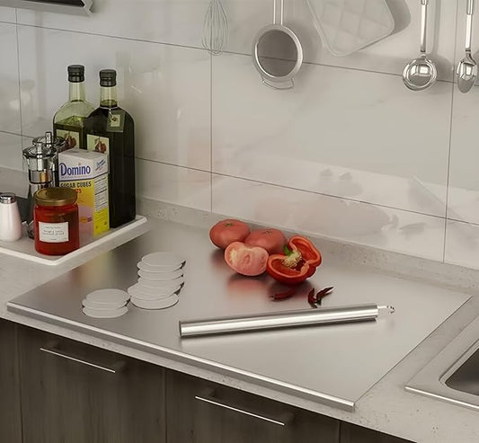 Stainless Steel Cutting Boards for Kitchen, Lipped stainless steel cutting board. Large cutting board suitable for meat, fruits, vegetables, bread, and baking (60 x 58cm / 23.6"L x 22.8"W)