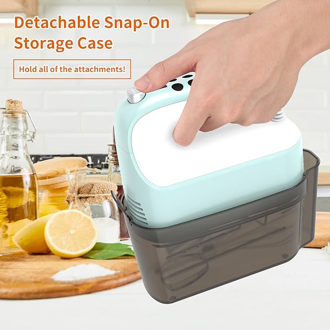 9-Speed Digital Hand Mixer Electric, 400W Powerful DC Motor, Hand Mixer Electric Handheld with Snap-On Storage Case, 5 Stainless Steel Accessories, Beaters, Dough Hooks, Whisk(Ice Blue/White)