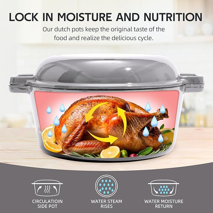 2 in 1 Enameled Cast Iron Dutch Oven Pot 6QT with 2QT Lid - Big Dual Handles - Oven Safe up to 500°F - Classic Round Pot for Versatile Cooking Grey