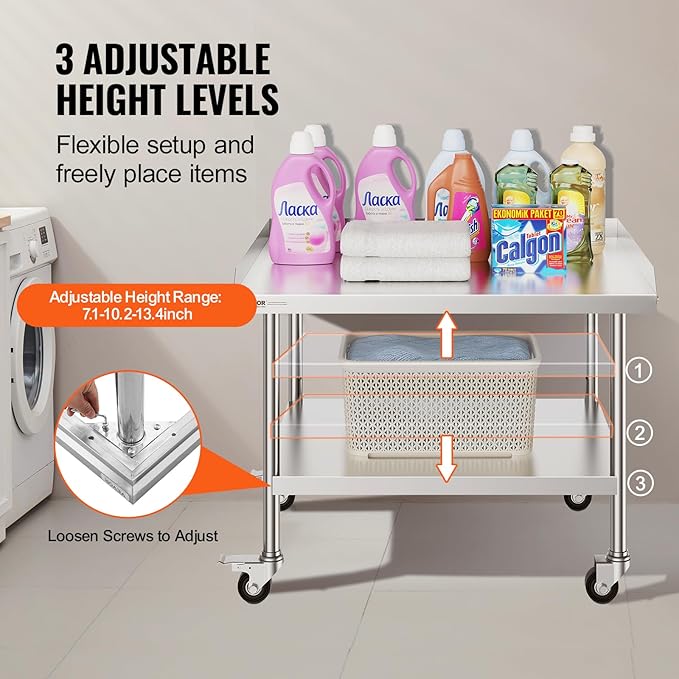 VEVOR Stainless Steel Work Table, 30 x 36 x 30 Inch Commercial Food Prep Worktable with 4 Wheels, Casters, 3-Sided Backsplash Heavy Duty Prep Worktable, Metal Work Table for Restaurant Home Hotel
