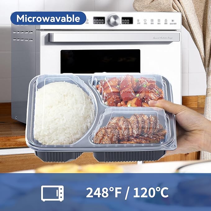 Take Out Containers 38 oz 40 Pack - Shrink Wrapped 3 Compartment Leakproof Catering | BPA Free PP Plastic Microwave & Freezer Safe | Flexible Reusable Commercial Black Lunch Boxes with Lid
