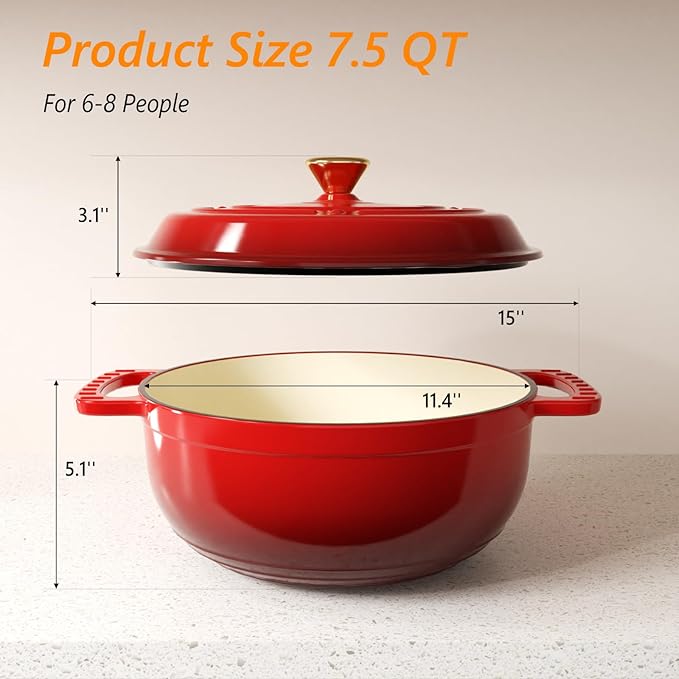 Bonnlo 7.5QT Round Dutch Oven, Enameled Cast Iron Dutch Oven Pot with Lid & Dual Handles, Oven Safe Up to 500° F, for Sourdough, Bread Baking, Stews and Roasting (Red)