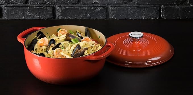 Lodge Essential Enamel Cast Iron Dutch Oven - Perfect for Bread Baking, Braising, Marinating & Slow Cooking - Features Moisture-Sealing Lid & Dual Handles - Kitchen Essentials - 6 Quarts - Poppy