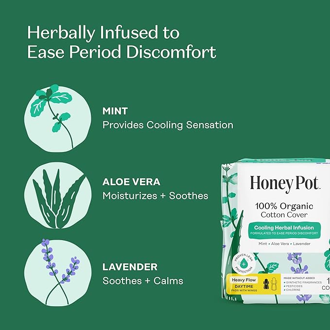 The Honey Pot Company - Herbal Sanitary Pads for Women - Heavy Flow w/Wings - Infused w/Essential Oils for Cooling Effect & Organic Cotton Cover - Feminine Care - 14 ct
