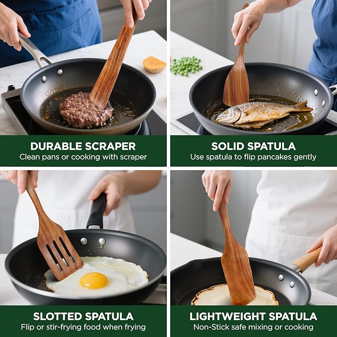 ANBUY Wooden Spoons for Cooking, 6Pcs Kitchen Utensils Set, Heat Resistant Flat Spatulas and Spoons Set for Nonstick Cookware, Smooth Finish, Comfortable Grip(6 Pcs)