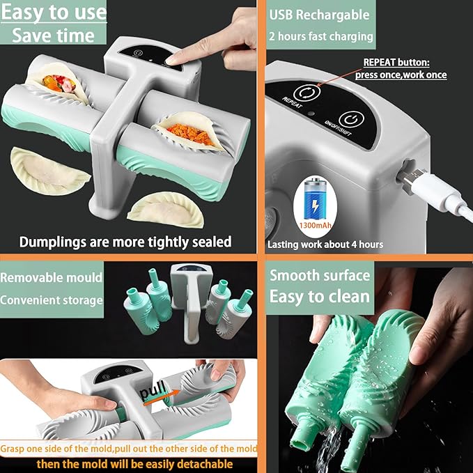 Electric Dumpling Maker Two Sizes Double Head Automatic Electric Dumpling Maker Machine Mould Household Quick Rechargeable Dumpling Maker Kit with Silicone Baking Mat,Dough Cutters,Spoon Brush